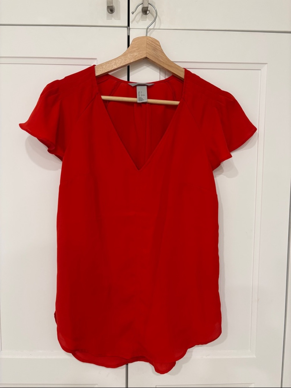Red V-Neck Flutter Sleeve Blouse - 4